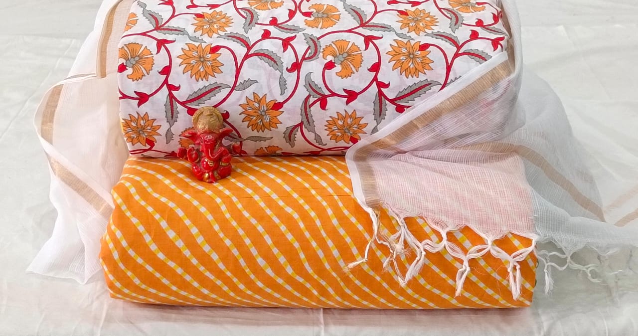 Pure cotton top and bottom set with Kota Doriya Dupatta (2.50 mtr top, 2.50 mtr bottom , 2.50 mtr Dupatta)