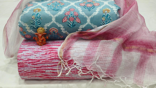 Pure cotton top and bottom set with Kota Doriya Dupatta (2.50 mtr top, 2.50 mtr bottom , 2.50 mtr Dupatta)