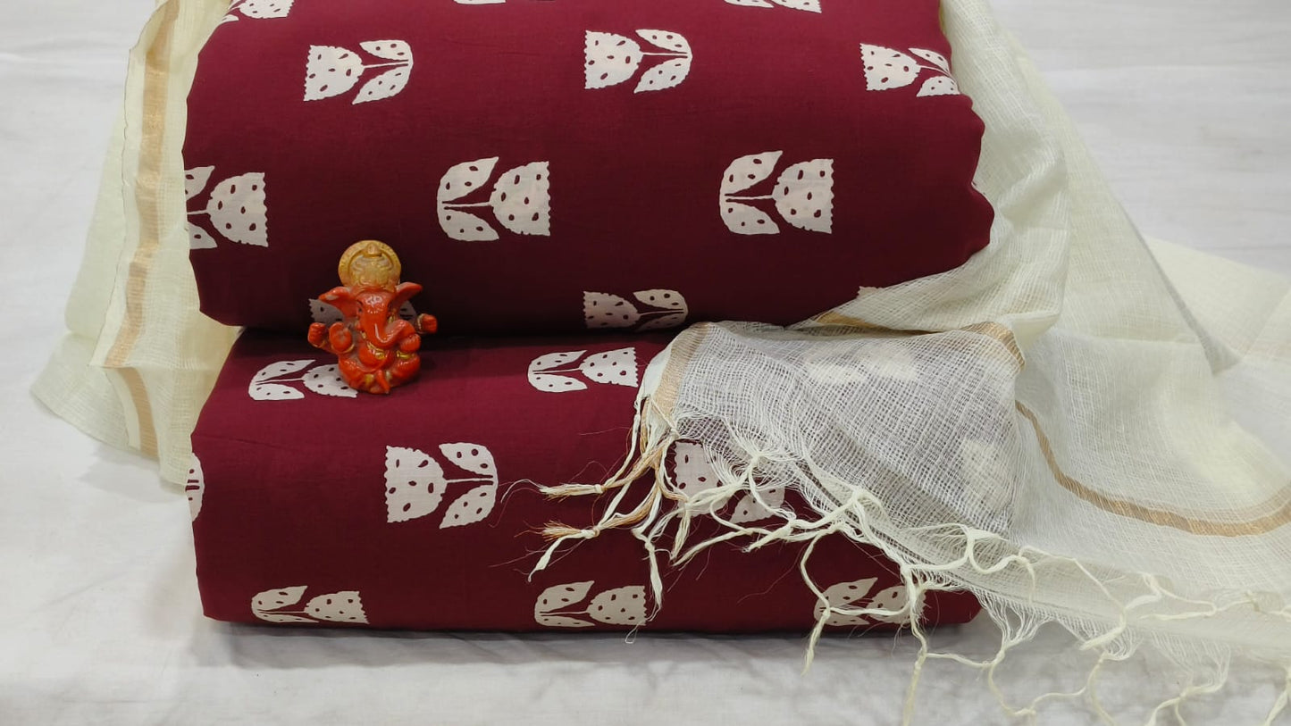 Pure cotton top and bottom set with Kota Doriya Dupatta (2.50 mtr top, 2.50 mtr bottom , 2.50 mtr Dupatta)
