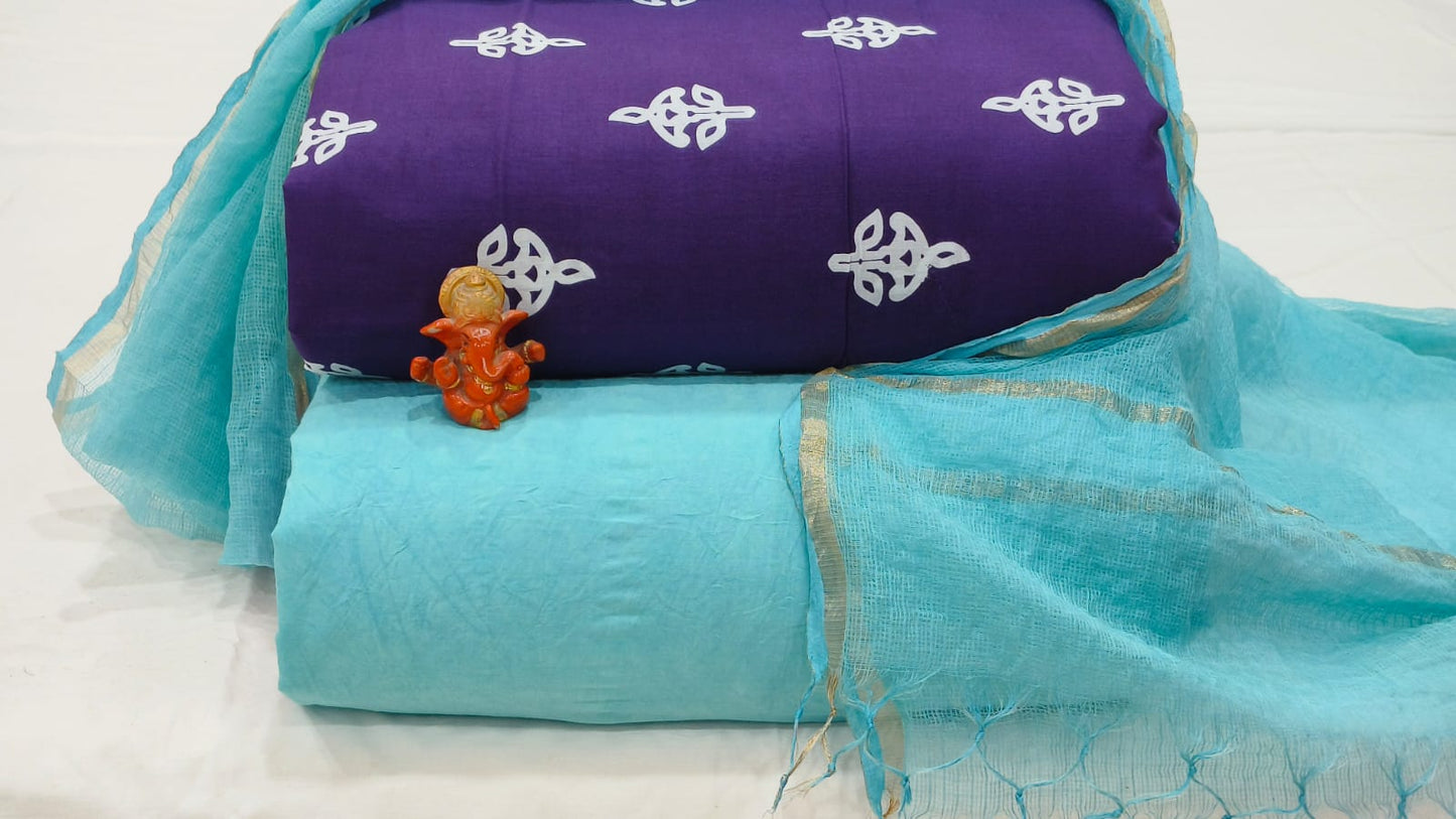 Pure cotton top and bottom set with Kota Doriya Dupatta (2.50 mtr top, 2.50 mtr bottom , 2.50 mtr Dupatta)